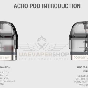 Smok Acro Pods 3Pcs Buy Now Authentic Best Uae Vaper Shop SMOK Pod Capacity: 2ml Resistance: Meshed 0.8ohm (12W-15W) DC MTL 0.6ohm (12W-25W) Fit for: SMOK ACRO Pod Kit Quantity:3pcs/pack