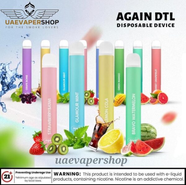 Again Disposable Vape DTL 2% Authentic Best Buy Uae Vaper Shop Specifications: Brand: AGAIN Disposable Vape DTL Nicotine: 20mg Puffs: 300 Capacity:2.8ml