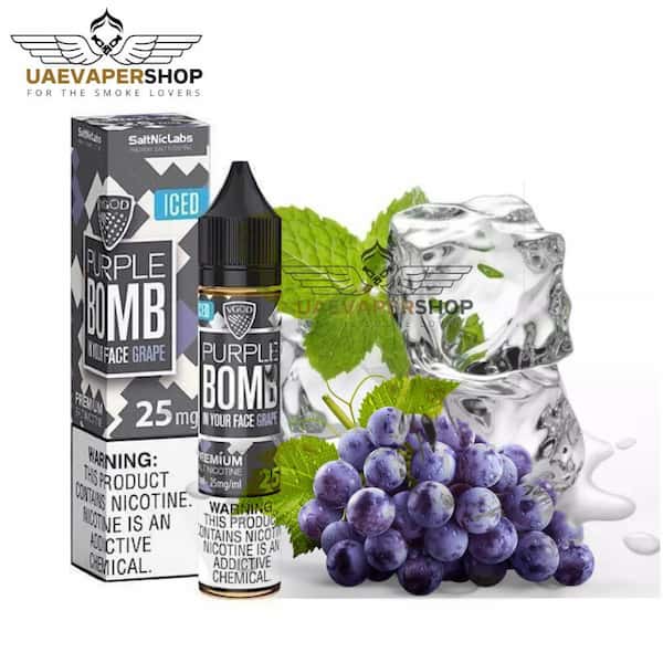 VGOD Iced Purple Bomb Buy 30ml Best VGOD Purple Bomb Saltnic Features: Flavor: Grape Iced VG/PG: 50VG/50PG Nicotine: 25mg, 50mg Content: 30ml Manufactured USA