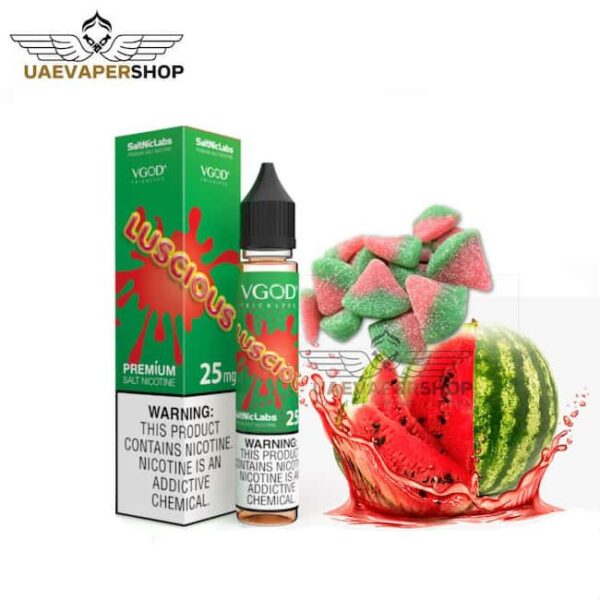 VGOD Luscious Saltnic Buy 30ml Best Online Uae Vaper Shop Features: Flavor:  Watermelon candy, Melons VG/PG: 50VG/50PG Nicotine: 25mg, 50mg Content: 30ml by: USA