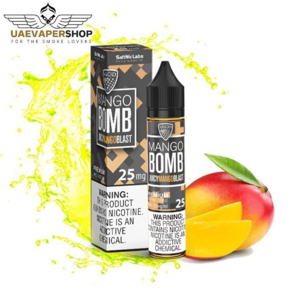 VGOD Mango Bomb VGOD Salt Nic Buy 30ml Best Uae Vaper Shop VGOD Flavor: Mango VG/PG: 50VG/50PG Nicotine Strength: 25mg, 50mg Content: 30ml Manufactured by: USA