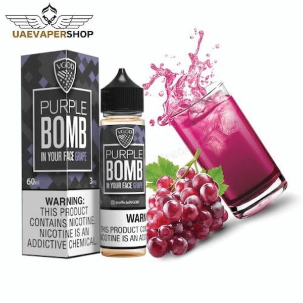 VGOD Grape Bomb Buy 60ml E-liquid Best Now UAE Vaper Shop Features: Brand: VGOD Premium E-liquid Flavor: Purple Grape VG/PG: 70VG/30PG Nicotine Strength: 3mg