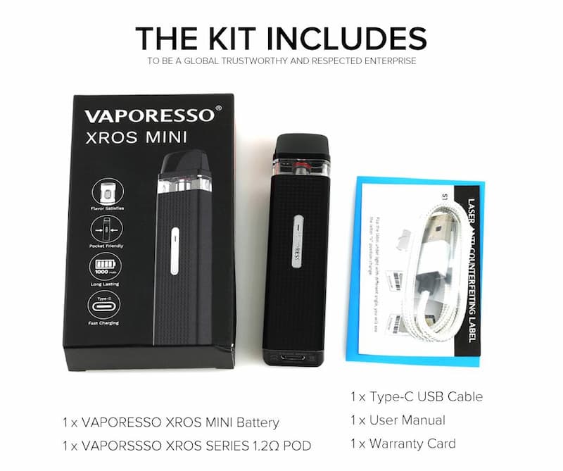 Vaporesso Xros Mini Kit Best Xros 11W/16W Vape Buy Uae Vaper Contents: Vaoresso XROS Mini Type-C USB Cable Vaporesso XROS Series 1.2Ω POD (2ml) User Manual