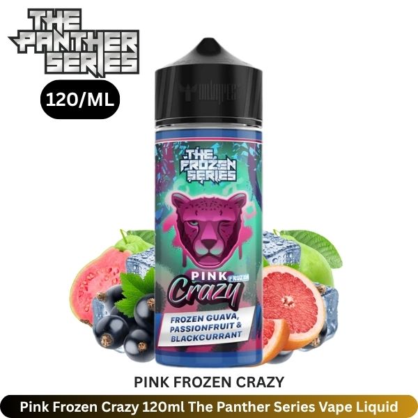 The Panther Series Pink Frozen Crazy 120ml Liquid – a wild mix of berries, cotton candy & icy menthol bliss.